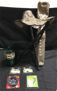 (2) New Bass Pro Shop Enticer Lure (1) New Bass Pro Shop Lazer Eye Spinnerbait (1) Berkeley Trilene Line Holder (1) Coleman Green Propane Tank (1) Max Sports 3-Leg Foldable Camp Stool