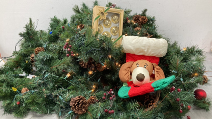 Lighted Evergreen Garlin, Ornaments And A Dog Stocking