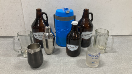 (3) Growlers (2) Beer Mugs, Dink Shaker, Gray Goose Cup And Tumbler