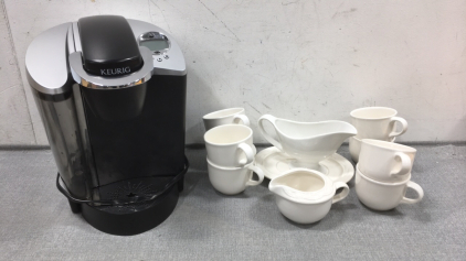 Keurig Coffee Maker, Cream Serviceware, Gravy Boat and Mismatched Plate, (8) Coffee/Tea Cups