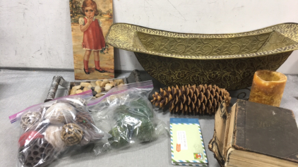 Large Metal Basin Tray, Vintage Vitalogy Book, Decorative Tray w/ Rocks, Little Girl Painting, Candle, Letters to My Dad, Large Pine Cone, Decorative Naturals