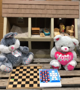 Large Dollhouse w/ Accessories , (2) Stuffed Animals, Checker Board, Dry Erase Hangman Board