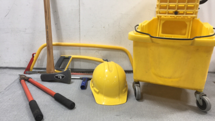 Janitorial Mop Bucket, Hard Hat, Squeegee, (2) Hand Saws, Medium Handle Clippers, Splitting Maul