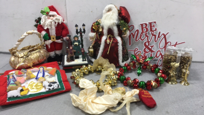 Christmas Items: Santa Tree Topper, Gold Tipped Pinecones, (2) Bell Wreaths, Nativity Advent Calendar, “Dickens” Scene and more