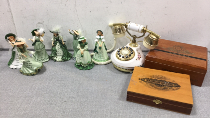 (7) Emerald Isle Ladies, (2) Cigar Boxes, Vintage Phone