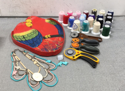 Parrot Tray, (23) Spools of Thread, (4) Fabric Cutting Wheels, Animal Necklace and Matching Earrings