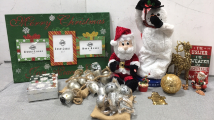 Christmas Items: Animatronic Snowman and Santa, Beaded Reindeer, 3-Frame Wood Board, String of Bells and Individual Bells, Gift Box, Santa w/ Animals Figure, and more
