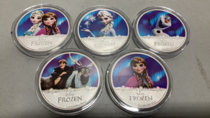 (5) Disney Frozen Silver Plated Collectible Coins…Princess Anna, Queen Elsa, Olaf, Kristoff & Sven, Queen Elsa & Princess Anna