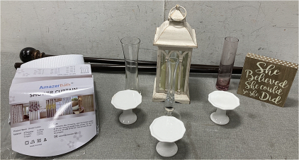 Shower Curtain, Regular Curtain Rod, Vases, Flameless Lantern, Pedestals And Plaque