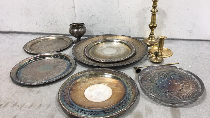 (6) Silver Platters, (2) Candle Sticks