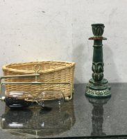 (2) Green Glass Candle Stands, (1) Decorative Basket, (1) Black and Gold HourGlass