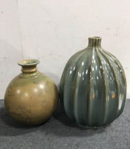 (1) Large Blue Ceramic Vase, (1) Small Circluar Yellow/Brown Vase