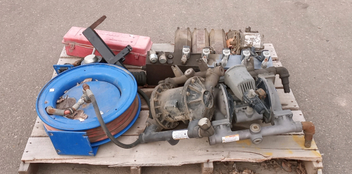 Pallet with Oil Hose Reel and Assorted Hardware