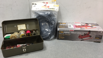 2 Ton Compact Trolley Jack, (3) 10ft 3/4&rdquo; Cable Organizers, Small Tool Box w/ Soldering Iron and Various Solder, Furniture Feet Covers, Electrical Connectors