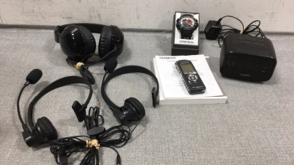 Armitron Dual Time Watch, Olympus Digital Voice Recorder, (3) Wired Headphones: (2) w/ Mics, Digital Clock