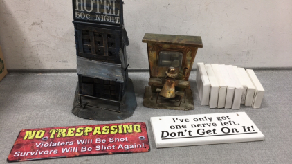 (2) Metal Saloon Decor, Metal No Trespassing Sign, Wood &ldquo;Last Nerve&rdquo; Sign, (8) Set of Hinges