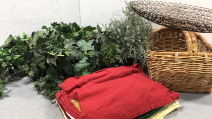 Large Metal Decor Tray, Wicker Basket, (3) Artificial Plants in Planters, Various Cloth Napkins and Placemats
