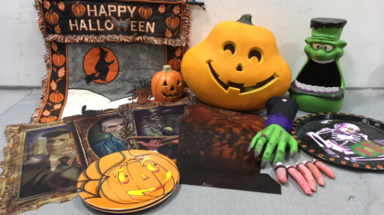 Halloween Items: (2) Light-Up Jack O&rsquo; Lanterns, Hanging Blanket, (4) Holographic Posters, Crawling Hand, Frankenstein Bowl, (2) Jack O&rsquo; Lantern Plates, Trick or Treat Tray, Severed Fingers