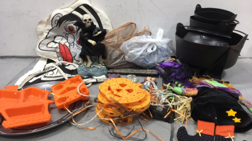 Halloween Items: Lighted String Pumpkins, (2) Purple String Lights, Various Plastic Caldrons, (2) Witches, Bat/Mummy/Vampire Hanging Sign, Jell-O Molds, Hanging Jailbird, Violin Skeleton and more