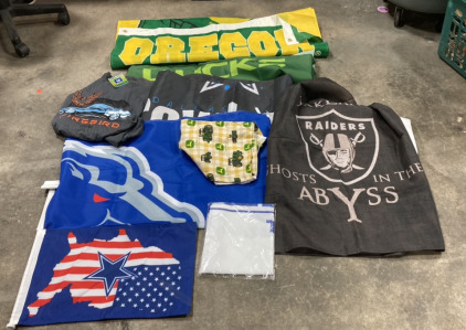 (1) Boise State Bronco Flag, (2) Oregon Ducks Flags, (1) Oakland Raiders Flag, (2) Dallas Cowboys Flags, + Others