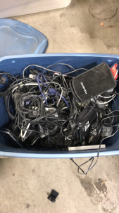 Large Blue Bin Of Electrical Cords And Accessories