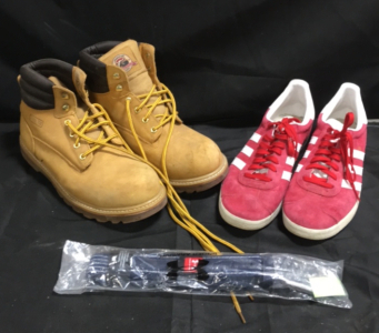 (1) Pair Brahma Steel Toe Work Boots (1) pair Adidas Gazelle Shoes (1) New Under Armour Belt