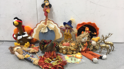 Thanksgiving Items: (3) Plush Turkeys, Wood Turkey, (2) Large Candle Stands, (3) Scarecrows, Banner, (2) Metal Deer, and more