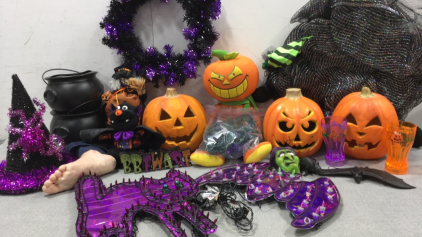 Halloween Items: Lighted Bat and Cat, (3) Light Up Jack O&rsquo; Lanterns, Purple String Lights, Witch&rsquo;s Hat, (2) Cauldrons, (2) Light Up Cups, (2) Wreaths and more