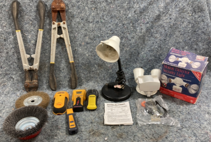 Motion Security Light, (3) Zircon, Stanley, Studsensor, (2) Bolt Cutters and more