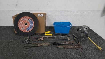 Box of Assorted Shears, Electric Sander, Hack Saw and 14" Metal Cutting Pad