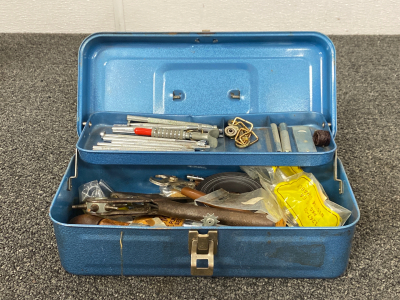 Metal Box With Leather Working Tools and Supplies