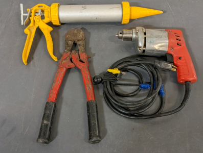 Milwaukee Power Drill, Small Bolt Cutters, Caulk Gun