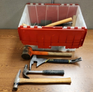 Bin Of Assorted Hammers & Other Hardware Supplies