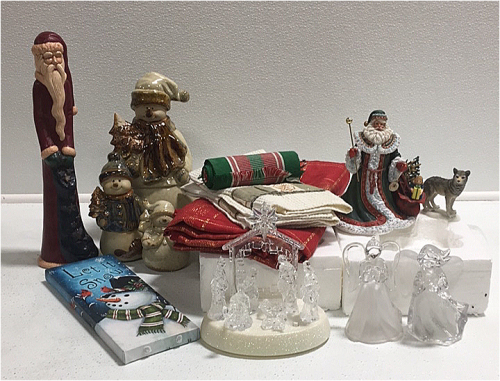 (1) Roman Inc Collectible Santa (1) 3-piece Ceramic Snowman Set (1) Ceramic Santa (1) 3-piece nativity set (1) Various Christmas decorations