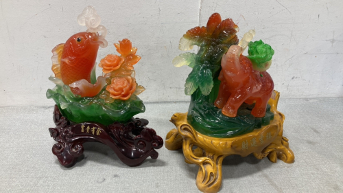 Lucky Fish And Elephant Jade Statues