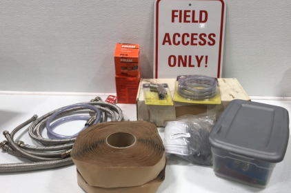 Field Access Only Metal Sign, Kitchen Spray Hose, Kitchen Spray Nozzle, Bin of Various Home Hardware, (2) Oil Filters, Box of Various Sandpaper, (6) Faucet Hoses, and more