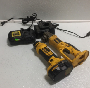 (1) Dewalt 4-1/2” Heavy Duty cutoff Tool (1) Dewalt Cordless Cut Out Tool (2) Dewalt Battery Chargers