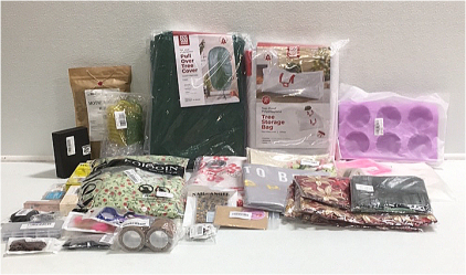 (1) Tree Storage Bag (1) Pull Over Tree Cover (1) Set of Curtains (3) Various Decorative Pillow Cases (1) Soap Mold (1) Womens Floral Dress XL