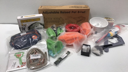 Raised Pet Bowl, Cat Bowl, Anti-Scratch Tape, (2) Cat Toys, (7) Dog Chew Toys, Retractable Leash, Dog Bag, Phone Number Tag and more