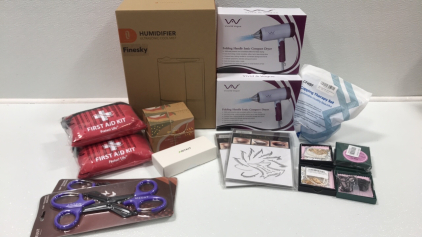 Humidifier, (3) Ionic Compact Hair Dryer, Cupping Therapy Set, (2) Packs Eye Makeup Stencils, (2) Box of 200 Bamboo Cotton Swabs, (3) First Aid Kits, AnyKit Ear Camera, (2) Pair of Trauma Shears, (2) Initial Necklaces : A,B, (3) Pair of Black Chain Neckla