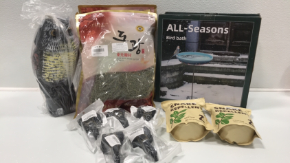 (2) All-Seasons Bird Baths, (3) Bags of Pine Needles, Plastic Owl, (5) Pack of 100 Garden Labels, (2) Bags of Snake Repellent