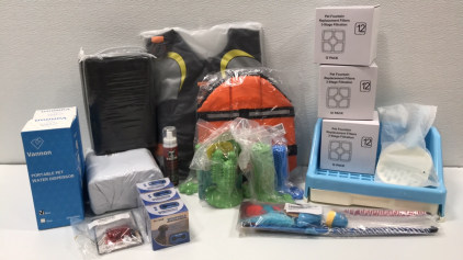 (2) Dog Life Jackets: S,M, (3) Water Fountain Filters, Small Litter Box, (4) Dog Chew Toothbrushes, (3) No-Bark Collars, (4) Washable Cage Liners/Pee Pads, (2) Portable Water Dispensers, Light Up Tag, Cat Toy, Pet Deterant Spray