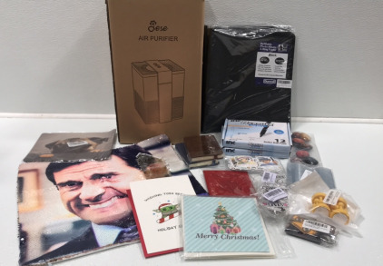 Air Purifier, (2) Photo Album Binders, (2) Pack of 12 Roller Ball Pens, (2) Pocket Notebooks, Magnets, Michael from The Office Sequin Pillow Case, Christmas Greeting Cards, Passport Holder, Harry Potter Wrist Lanyards and more