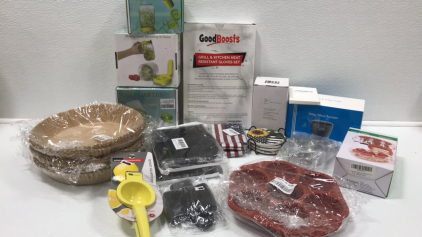 (3) Sprouting Lids, Heat Resistant Gloves, Bamboo Mason Jar Lids, Wine Filter Aerator, Cherry Pitter, (2) Sink Faucet Mats, (2) USA Flag Coozies, Ceramix Coasters, Cookie Cutters, Pot Handle Holders, Lemon Squeezer, Air Fryer Parchment, Silicone Molds