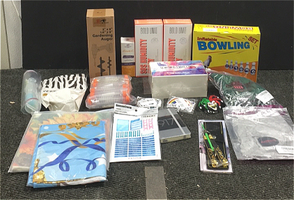 (1) Inflatable Bowling Set (2) Bold Uniq SOS Humidity Spray (1) 3&rdquo; x 9&rdquo; Gardening Auger (1) Apex Legends Collectable Knife (2) Woman&rsquo;s pajama Tops and More
