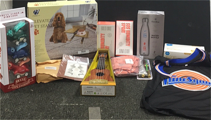 (1) Tune Squad Lola Bunny Jersey (1) Kids Guitar (1) Apex Legends Collectable Knife (4) Press Cloak Dinosaur (1) Foreyy Elevated Pet Stand (2) Findine 17-Oz Stainless Steel Water Bottles (2) Bold Uniq SOS Humidity Spray