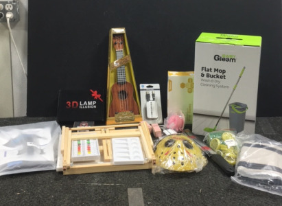 (1) 21-Piece Art Acrylic Set (1) Back Stretcher (1) Star Wars Death Star 3D Illusion Lamp (1) Bacro Tattoo Balm (1) Kids Guitar (1) Jason Mask And Knife (1) Easy Gleam Flat Top Mop And Bucket (2) Onn Printer Cable (1) Dog Blanket
