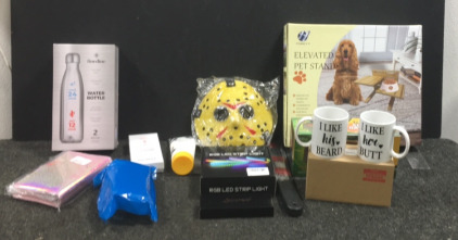 (1) Foreyy Elevated Pet Stand (1) RGB 65&rsquo; LED Light Strip (2) Funny Coffee Mugs (1) Jason Mask and Knife (2) Finedine 17-Oz Stainless Steel water Bottles and more!