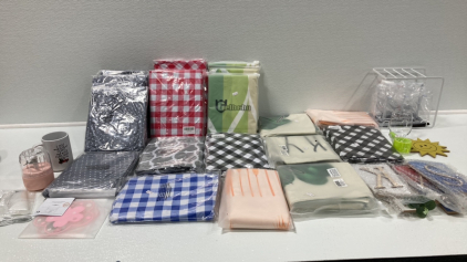 (7) Shower Curtains-(3) Table Cloths-(2) Glasses-Mini Blender and More