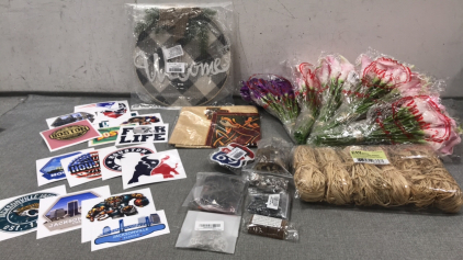 Artificial Flowers, Raffia Paper Ribbon, Wood Welcome Sign, Patriots/Boston Stickers, Texans/Houston Stickers, Jaguars/Jacksonville Stickers, Celtic Pillow Cover, and more